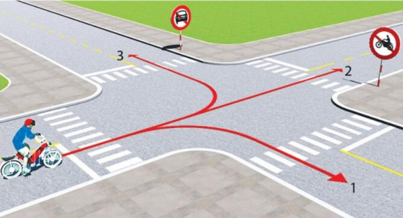 Trong tình huống dưới đây, theo hướng mũi tên, những hướng nào dưới đây người điều khiển xe đạp điện được phép đi?