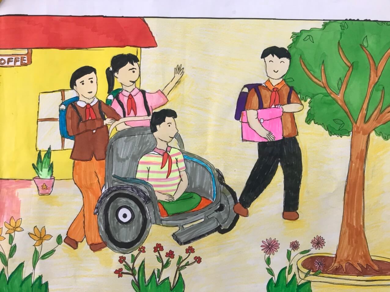 Tranh vẽ thiếu nhi Việt Nam giúp đỡ người khuyết tật