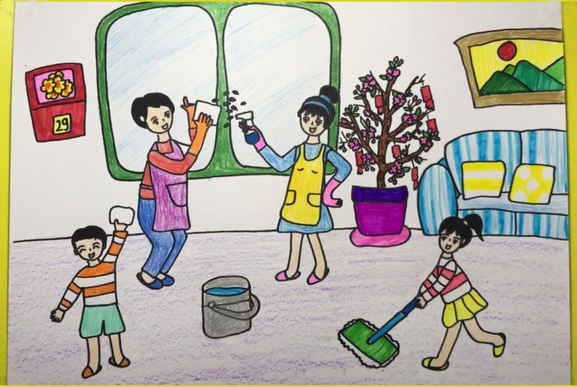 Tranh vẽ thiếu nhi dọn dẹp nhà giúp bố mẹ